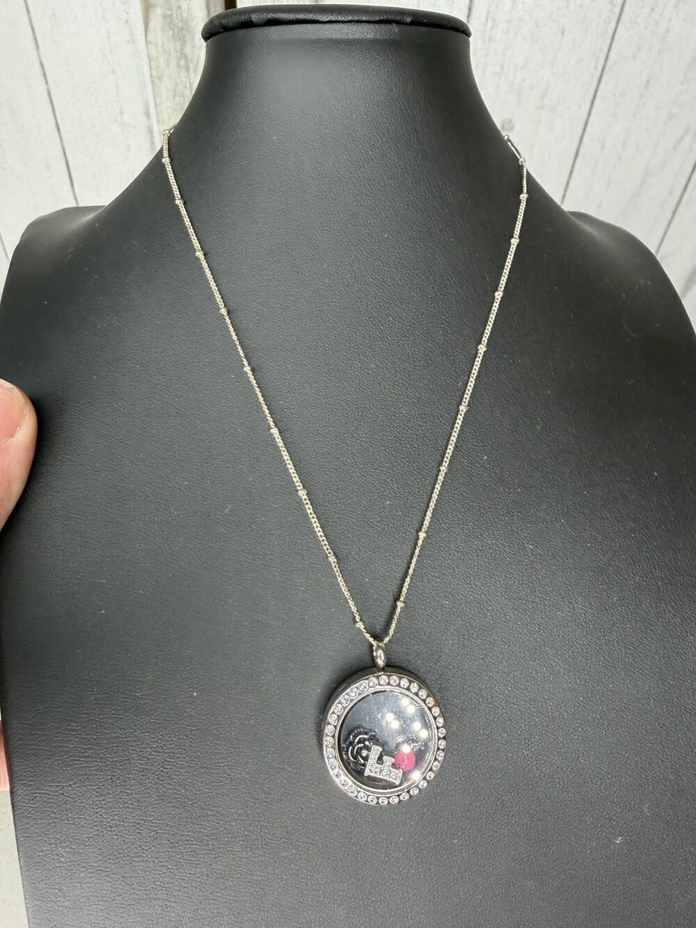 Origami Owl Silver Locket w/ Crystals Flower “F” Heart Charms and Necklace Set